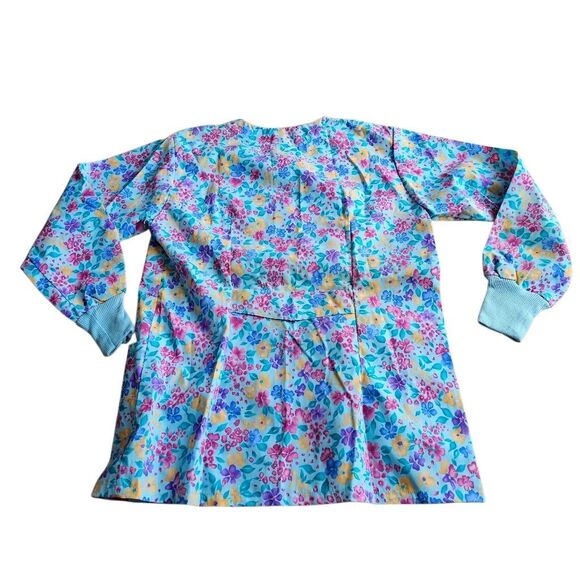 Vintage blue multicolor floral long sleeve nurse scrubs Sz S NWOT - Picture 2 of 6